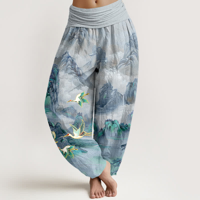 Buddha Stones Pantaloni harem da donna in cotone con elastico in vita e motivo paesaggio orientale con gru dalla corona rossa. - Blu acciaio chiaro - US16, UK/AU20, EU48 (3XL) - image 8