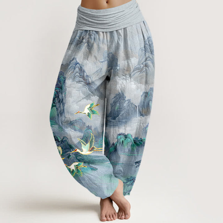 Buddha Stones Pantaloni harem da donna in cotone con elastico in vita e motivo paesaggio orientale con gru dalla corona rossa. - Blu acciaio chiaro - US16, UK/AU20, EU48 (3XL) - image 8