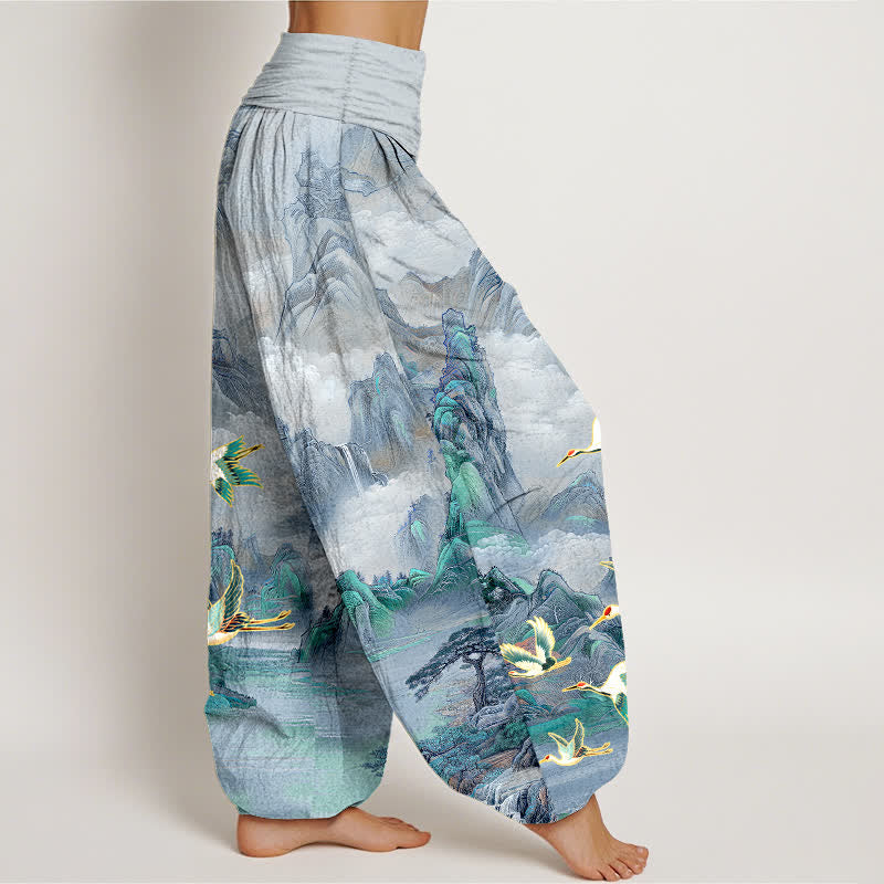 Buddha Stones Pantaloni harem da donna in cotone con elastico in vita e motivo paesaggio orientale con gru dalla corona rossa. - image 10