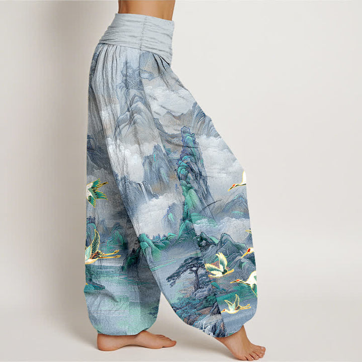 Buddha Stones Pantaloni harem da donna in cotone con elastico in vita e motivo paesaggio orientale con gru dalla corona rossa. - image 10