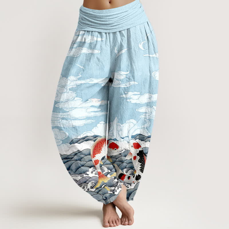 Buddha Stones Pantaloni harem da donna in cotone con elastico in vita e motivo a onde e nuvole con pesci koi. - Turchese pallido - US16, UK/AU20, EU48 (3XL) - image 0