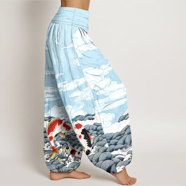 Buddha Stones Pantaloni harem da donna in cotone con elastico in vita e motivo a onde e nuvole con pesci koi. - image 2