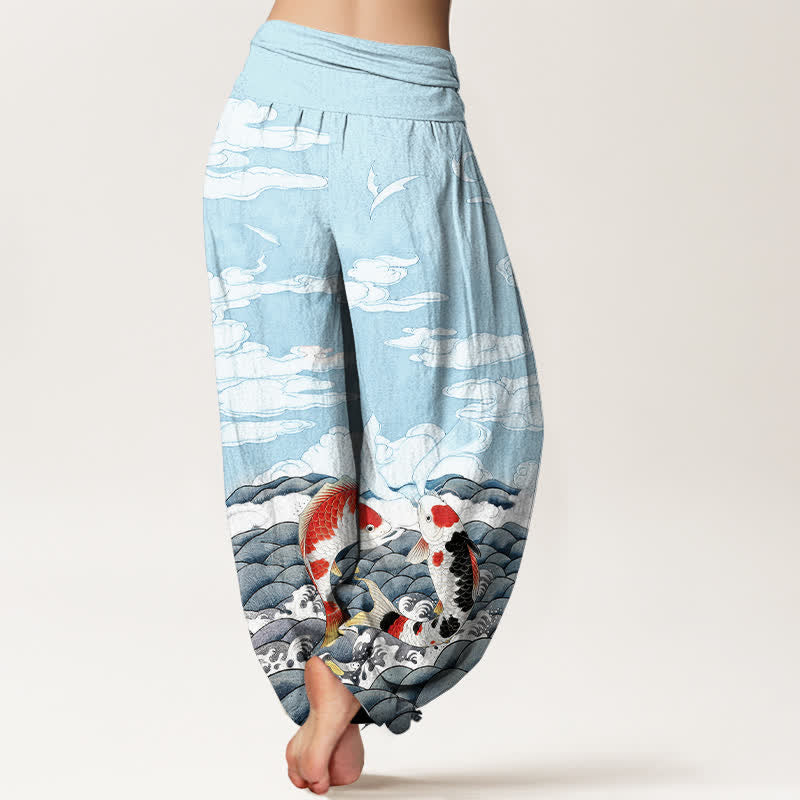 Buddha Stones Pantaloni harem da donna in cotone con elastico in vita e motivo a onde e nuvole con pesci koi. - image 1