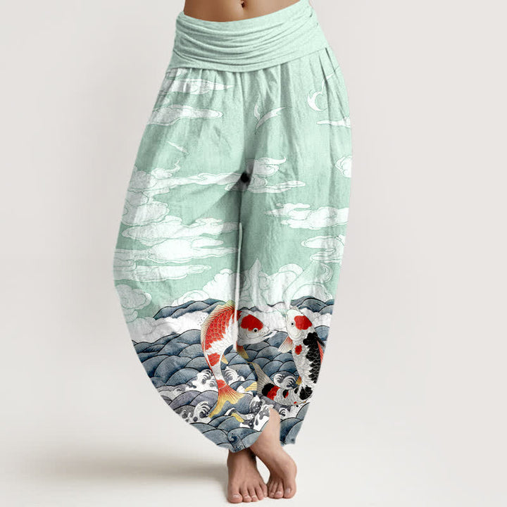 Buddha Stones Pantaloni harem da donna in cotone con elastico in vita e motivo a onde e nuvole con pesci koi. - Acquamarina - US16, UK/AU20, EU48 (3XL) - image 5