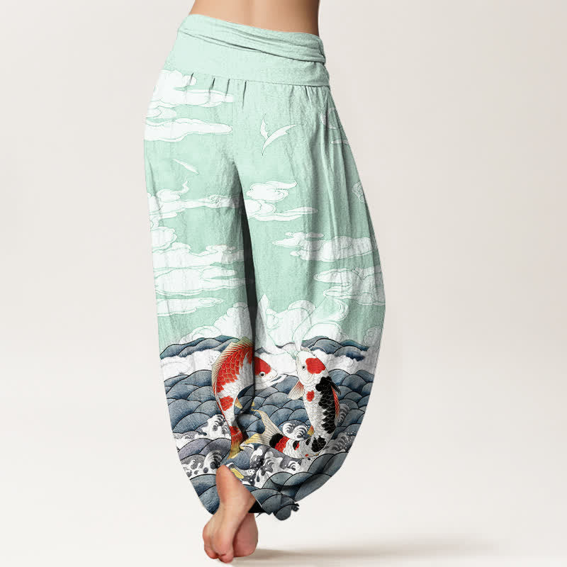 Buddha Stones Pantaloni harem da donna in cotone con elastico in vita e motivo a onde e nuvole con pesci koi. - image 6