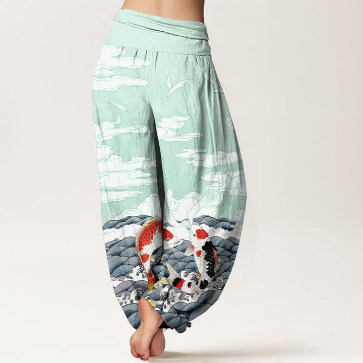 Buddha Stones Pantaloni harem da donna in cotone con elastico in vita e motivo a onde e nuvole con pesci koi. - image 6