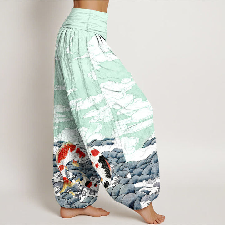 Buddha Stones Pantaloni harem da donna in cotone con elastico in vita e motivo a onde e nuvole con pesci koi. - image 7