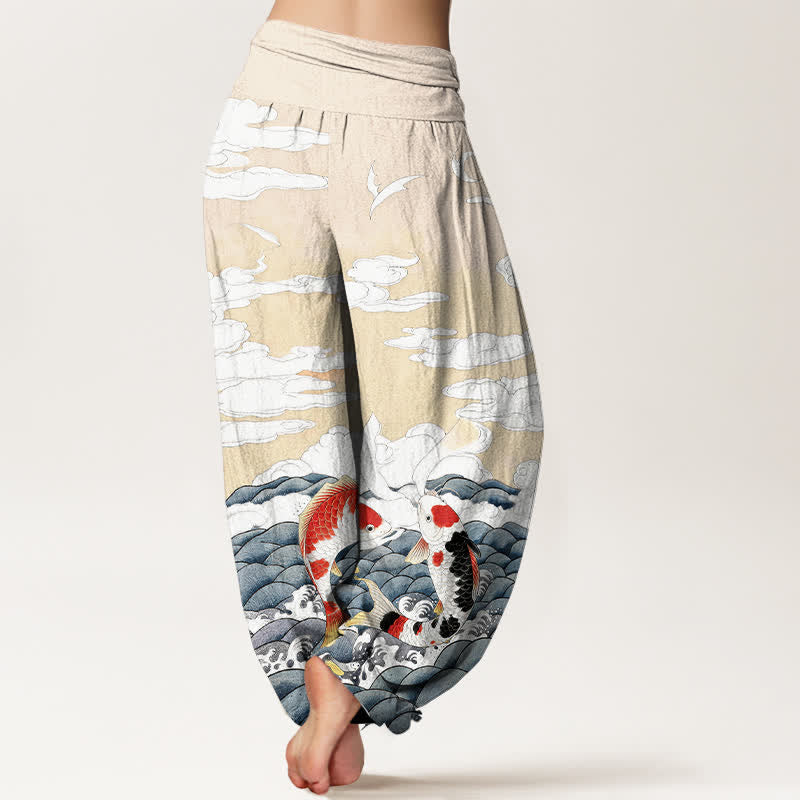 Buddha Stones Pantaloni harem da donna in cotone con elastico in vita e motivo a onde e nuvole con pesci koi. - image 9