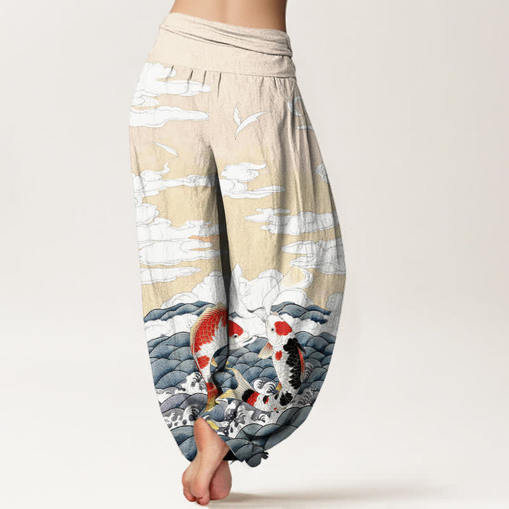 Buddha Stones Pantaloni harem da donna in cotone con elastico in vita e motivo a onde e nuvole con pesci koi. - image 9