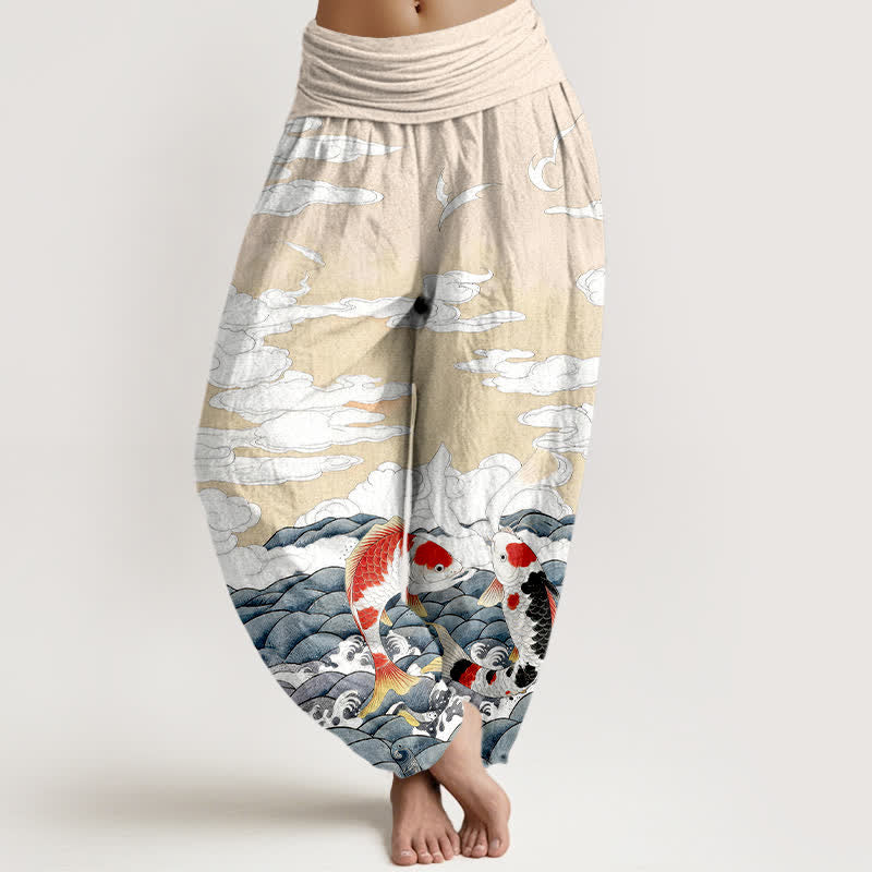 Buddha Stones Pantaloni harem da donna in cotone con elastico in vita e motivo a onde e nuvole con pesci koi. - Beige - US16, UK/AU20, EU48 (3XL) - image 8