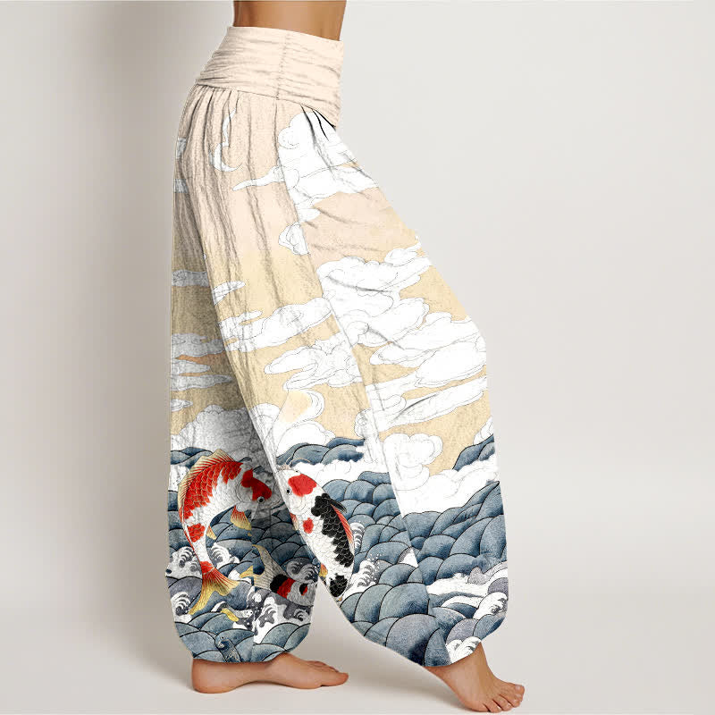 Buddha Stones Pantaloni harem da donna in cotone con elastico in vita e motivo a onde e nuvole con pesci koi. - image 10
