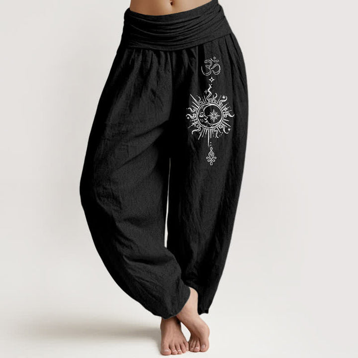 Buddha Stones Pantaloni harem da donna in puro cotone bianco con motivo mandala Om e sole, con elastico in vita. - Nero - US16, UK/AU20, EU48 (3XL) - image 5