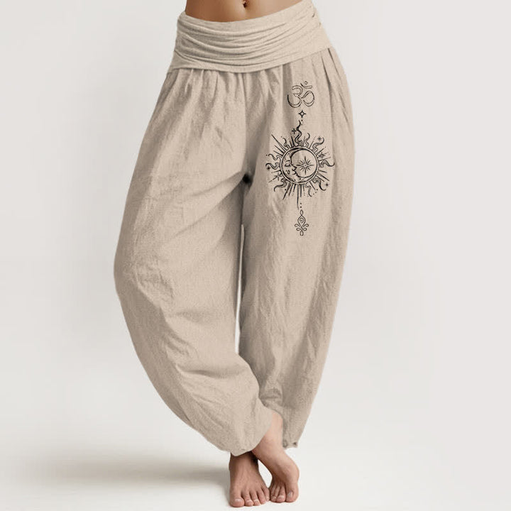 Buddha Stones Pantaloni harem da donna in puro cotone bianco con motivo mandala Om e sole, con elastico in vita. - Tan - US16, UK/AU20, EU48 (3XL) - image 14