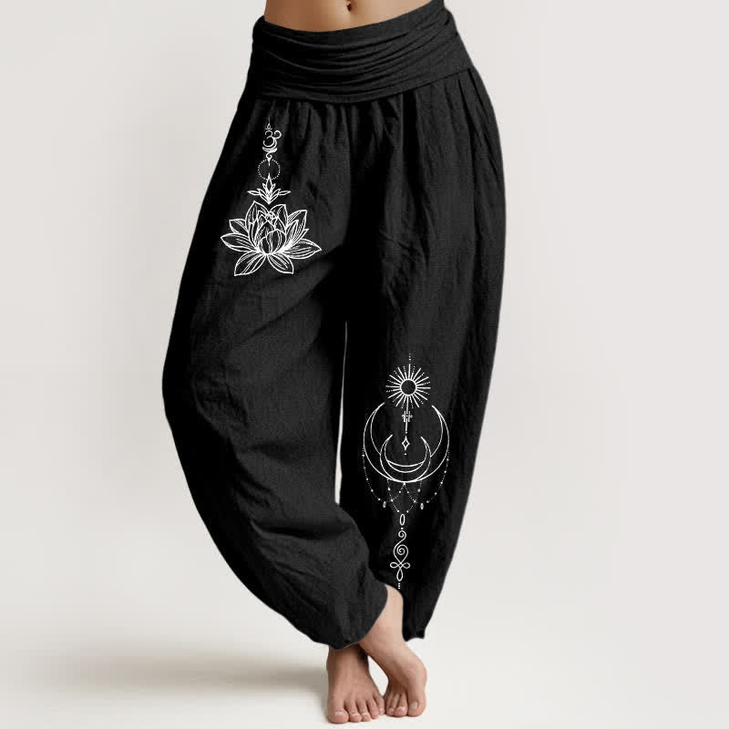 Buddha Stones Pantaloni harem da donna in puro cotone con motivo loto, luna e sole, con elastico in vita. - Nero - US16, UK/AU20, EU48 (3XL) - image 0