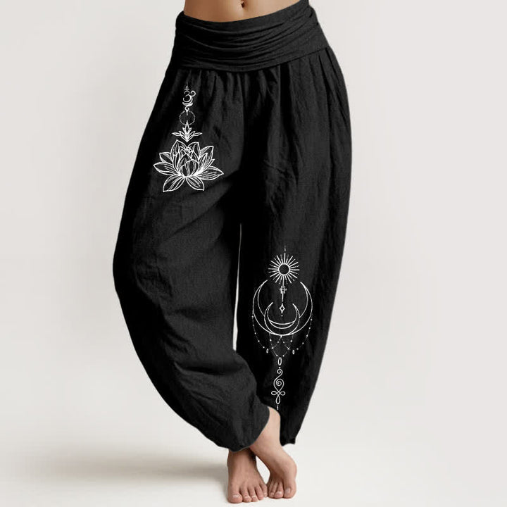 Buddha Stones Pantaloni harem da donna in puro cotone con motivo loto, luna e sole, con elastico in vita. - Nero - US16, UK/AU20, EU48 (3XL) - image 0