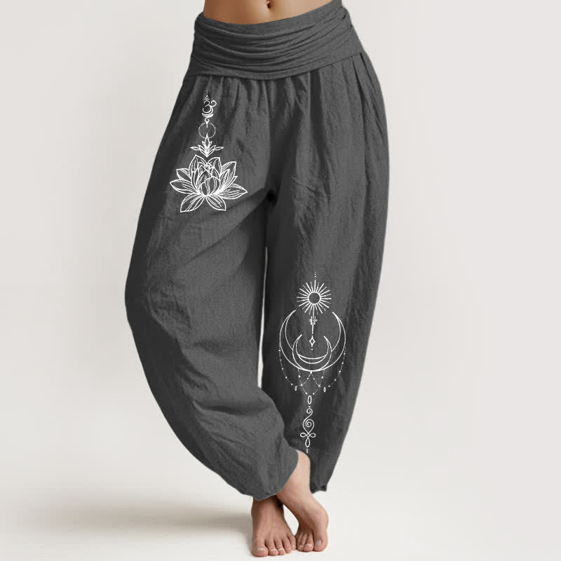 Buddha Stones Pantaloni harem da donna in puro cotone con motivo loto, luna e sole, con elastico in vita. - Grigio tenue - US16, UK/AU20, EU48 (3XL) - image 8