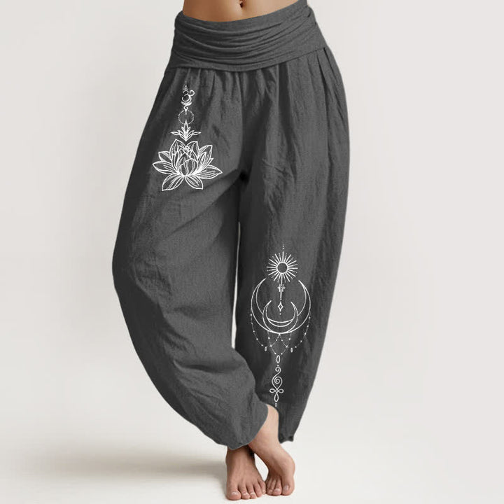 Buddha Stones Pantaloni harem da donna in puro cotone con motivo loto, luna e sole, con elastico in vita. - Grigio tenue - US16, UK/AU20, EU48 (3XL) - image 8
