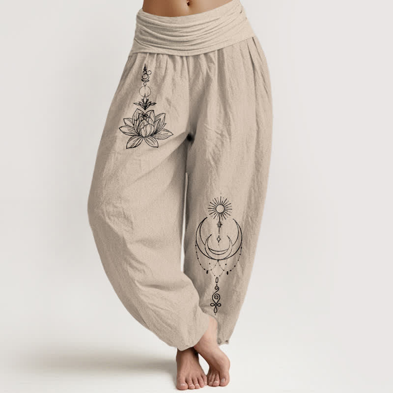 Buddha Stones Pantaloni harem da donna in puro cotone con motivo loto, luna e sole, con elastico in vita. - Tan - US16, UK/AU20, EU48 (3XL) - image 14