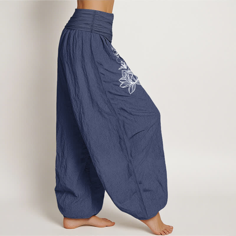 Buddha Stones Pantaloni harem da donna in puro cotone con motivo loto, luna e sole, con elastico in vita. - image 6