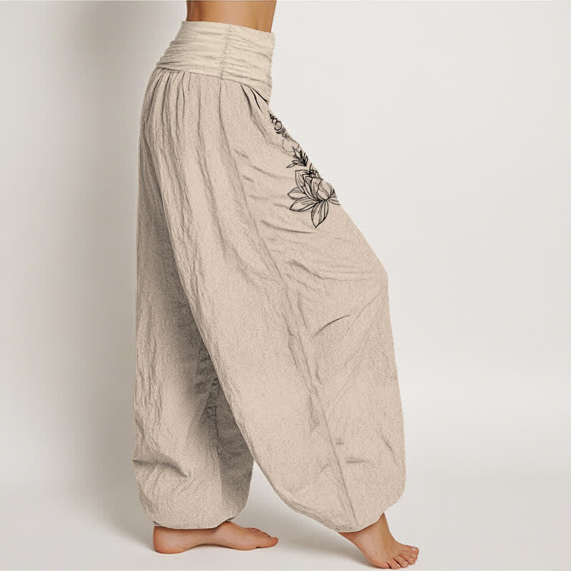 Buddha Stones Pantaloni harem da donna in puro cotone con motivo loto, luna e sole, con elastico in vita. - image 15