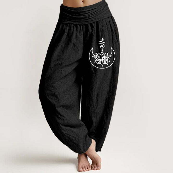 Buddha Stones Pantaloni harem da donna in puro cotone con motivo a loto sacro e luna, con elastico in vita. - Nero - US16, UK/AU20, EU48 (3XL) - image 5