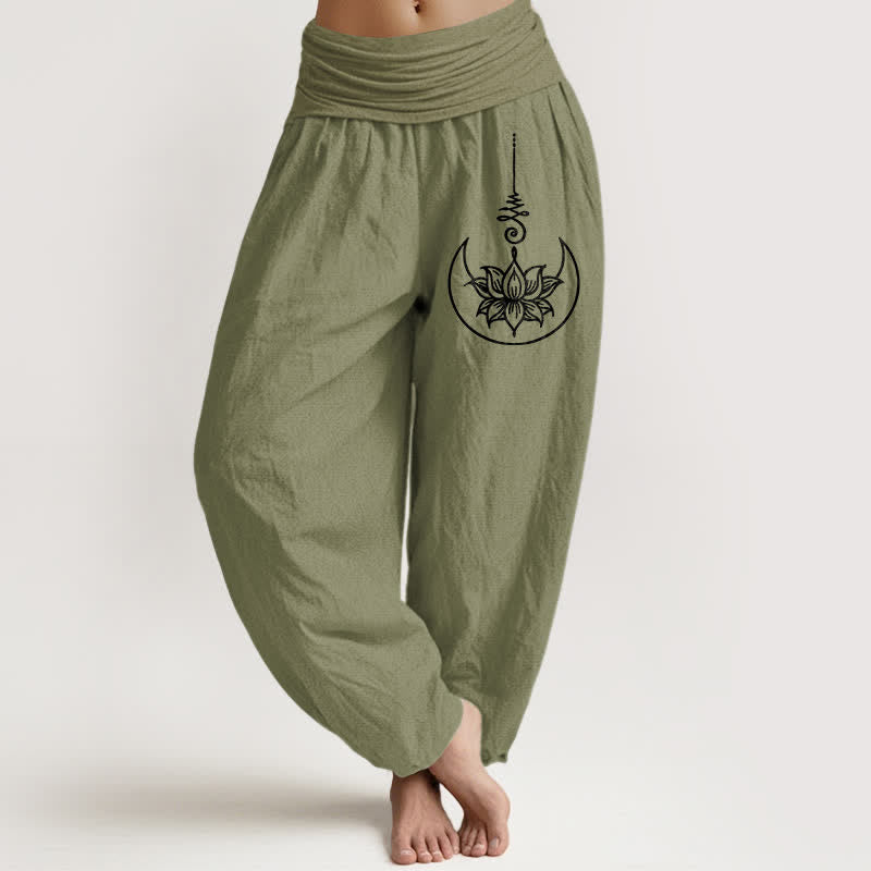 Buddha Stones Pantaloni harem da donna in puro cotone con motivo a loto sacro e luna, con elastico in vita. - Verde oliva - US16, UK/AU20, EU48 (3XL) - image 11