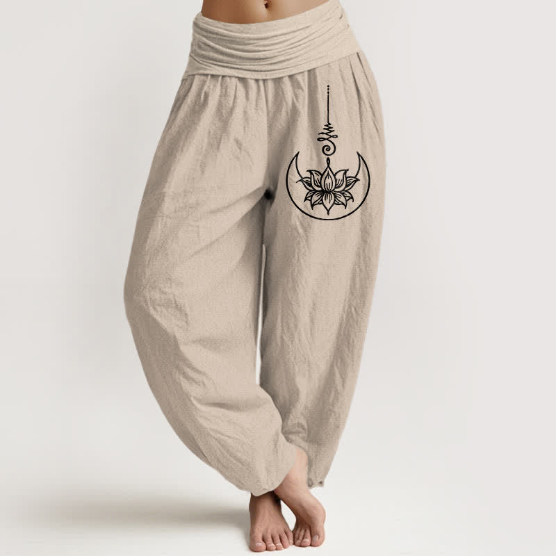 Buddha Stones Pantaloni harem da donna in puro cotone con motivo a loto sacro e luna, con elastico in vita. - Tan - US16, UK/AU20, EU48 (3XL) - image 14