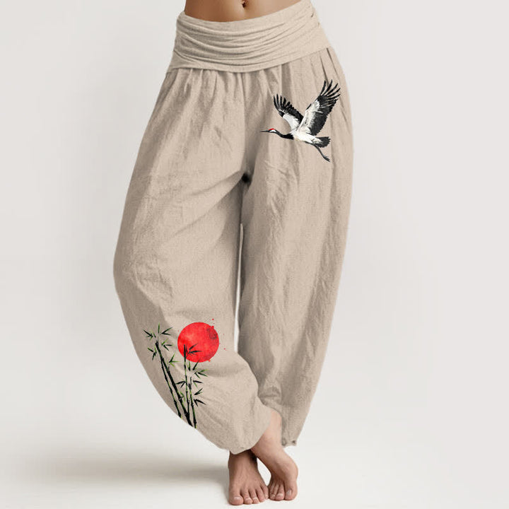 Buddha Stones Pantaloni harem da donna in puro cotone con motivo gru e sole rosso e vita elasticizzata. - Tan - US16, UK/AU20, EU48 (3XL) - image 0