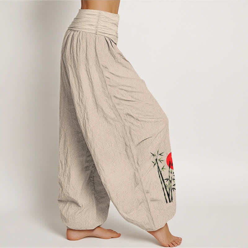 Buddha Stones Pantaloni harem da donna in puro cotone con motivo gru e sole rosso e vita elasticizzata. - image 1