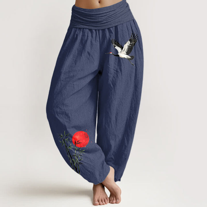 Buddha Stones Pantaloni harem da donna in puro cotone con motivo gru e sole rosso e vita elasticizzata. - Blu ardesia scuro - US16, UK/AU20, EU48 (3XL) - image 5