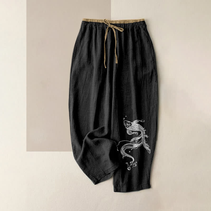 Buddha Stones Pantaloni da donna in puro cotone bianco con elastico in vita e tasche, fantasia a pesci koi. - Nero - US16, UK/AU20, EU48 (3XL) - image 4