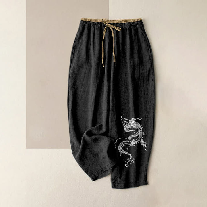 Buddha Stones Pantaloni da donna in puro cotone bianco con elastico in vita e tasche, fantasia a pesci koi. - Nero - US16, UK/AU20, EU48 (3XL) - image 4