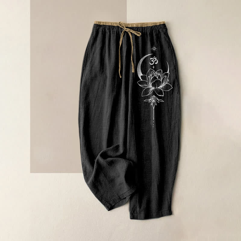 Buddha Stones Pantaloni da donna in puro cotone con elastico in vita e tasche, fantasia loto, luna e Om. - Nero - US16, UK/AU20, EU48 (3XL) - image 0