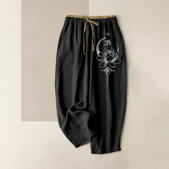 Buddha Stones Pantaloni da donna in puro cotone con elastico in vita e tasche, fantasia loto, luna e Om. - Nero - US16, UK/AU20, EU48 (3XL) - image 0