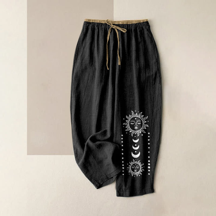 Buddha Stones Pantaloni da donna in puro cotone con elastico in vita e tasche, fantasia "Mystic Sun Face". - Nero - US16, UK/AU20, EU48 (3XL) - image 0
