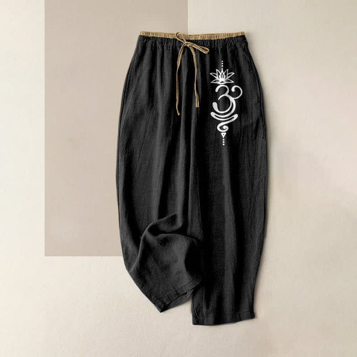 Buddha Stones Pantaloni da donna in puro cotone con elastico in vita e tasche, con motivo spirituale Om Lotus e scritta "Spiritual Om". - Nero - US16, UK/AU20, EU48 (3XL) - image 0