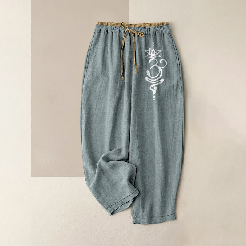 Buddha Stones Pantaloni da donna in puro cotone con elastico in vita e tasche, con motivo spirituale Om Lotus e scritta "Spiritual Om". - Azzurro chiaro - US16, UK/AU20, EU48 (3XL) - image 5