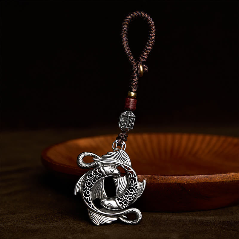 Buddha Stones Portachiavi vintage in rame con doppio ciondolo a forma di carpa koi, simbolo di determinazione. - Doppio pesce koi - image 0