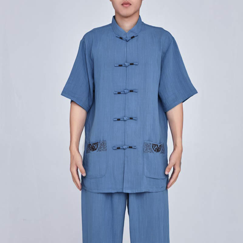 Buddha Stones Meditazione Zen Preghiera Spirituale Tai Chi Qigong Pratica Unisex Ricamo Abbigliamento Set - Maglia a maniche corte blu ricamata - US14, UK/AU18, EU46 (3XL) - image 26