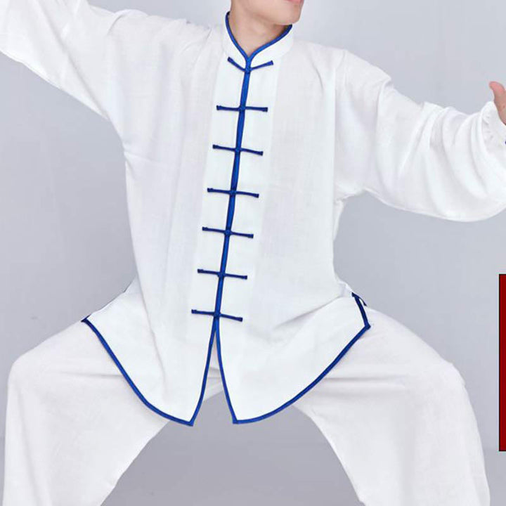 Buddha Stones Meditazione Zen Preghiera Spirituale Tai Chi Qigong Pratica Unisex Ricamo Abbigliamento Set - Maglia a maniche lunghe bianca con bordo blu - US14, UK/AU18, EU46 (3XL) - image 7