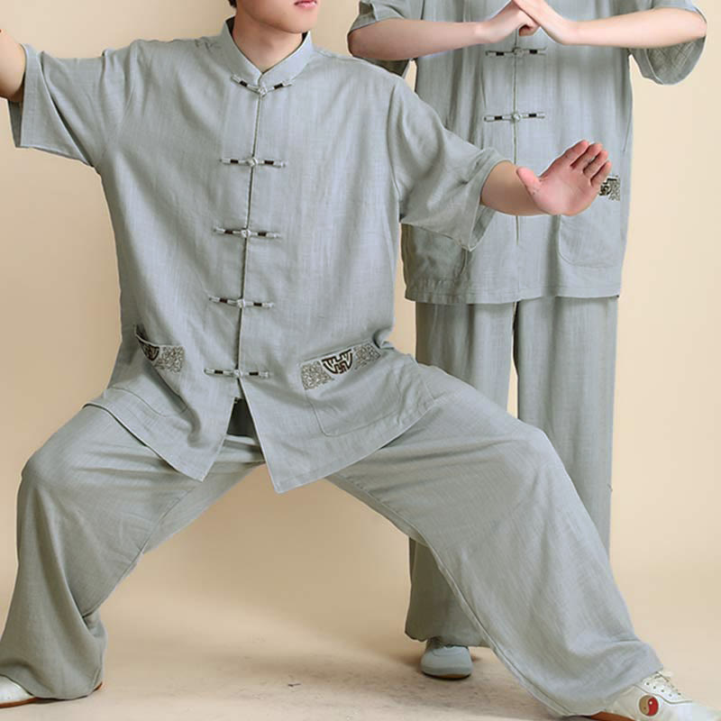 Buddha Stones Meditazione Zen Preghiera Spirituale Tai Chi Qigong Pratica Unisex Ricamo Abbigliamento Set - Maglia a maniche corte grigia con ricami - US12, UK/AU16, EU44 (2XL) - image 23
