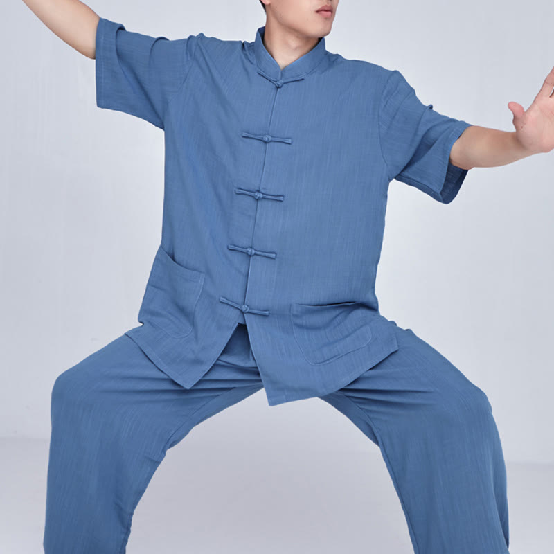 Buddha Stones Meditazione Zen Preghiera Spirituale Tai Chi Qigong Pratica Unisex Ricamo Abbigliamento Set - manica corta blu - US14, UK/AU18, EU46 (3XL) - image 28