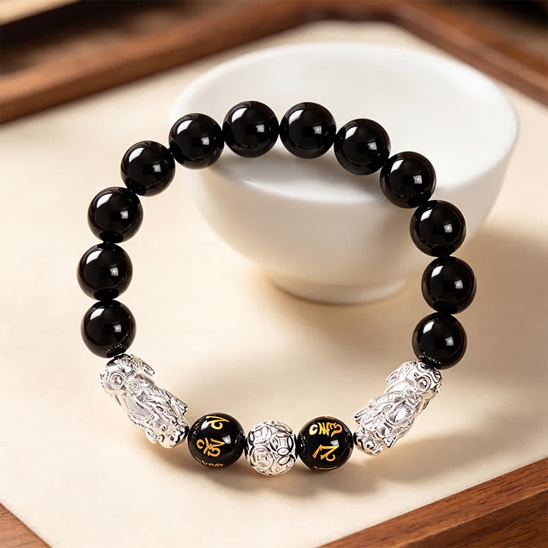 Buddha Stones Bracciale della saggezza Double Pi Xiu Om Mani Padme Hum in rame e ossidiana nera con doppio Pi. - image 11