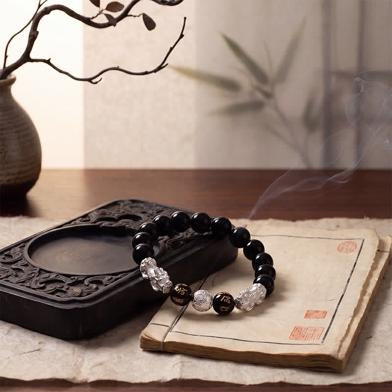 Buddha Stones Bracciale della saggezza Double Pi Xiu Om Mani Padme Hum in rame e ossidiana nera con doppio Pi. - image 12