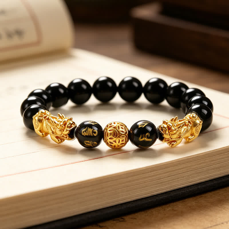 Buddha Stones Bracciale della saggezza Double Pi Xiu Om Mani Padme Hum in rame e ossidiana nera con doppio Pi. - D'oro - image 0