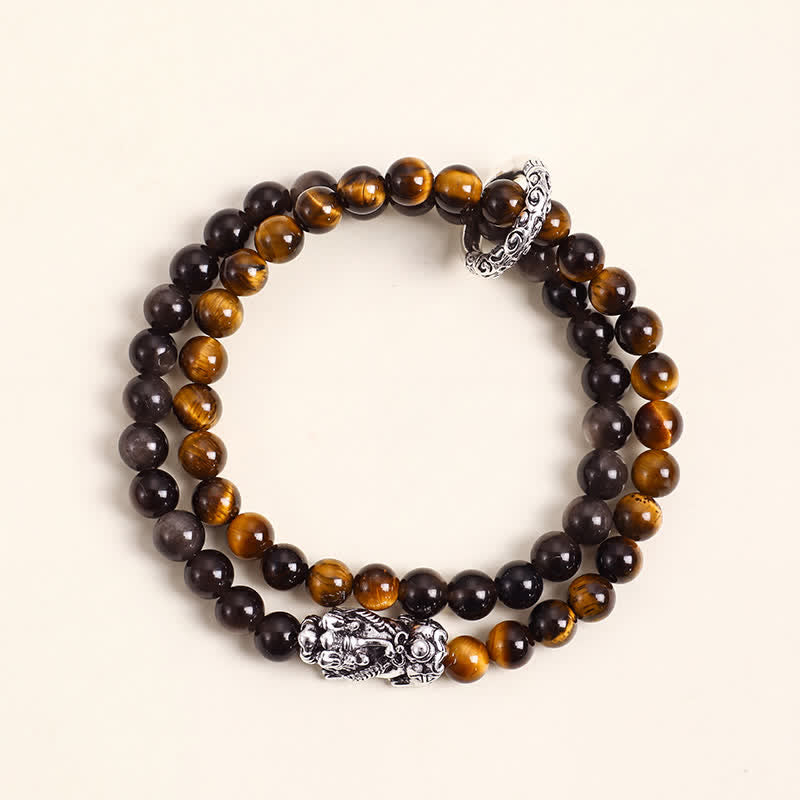 Buddha Stones Bracciale di buon auspicio Pi Xiu a doppio giro in ossidiana occhio di tigre con lucentezza argentata e Pi Xiu. - Occhio di tigre Pi argentato Xiu - image 4