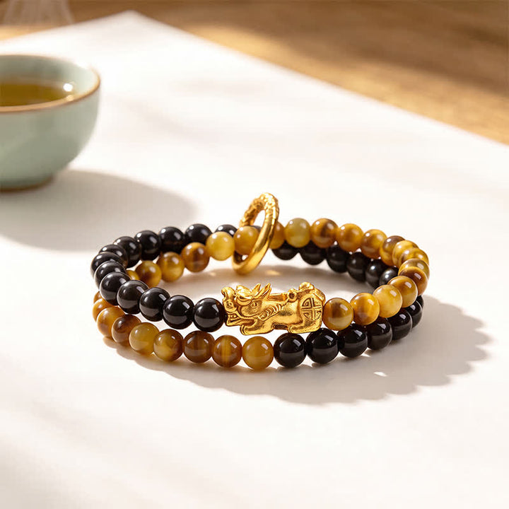 Buddha Stones Bracciale di buon auspicio Pi Xiu a doppio giro in ossidiana occhio di tigre con lucentezza argentata e Pi Xiu. - Occhio di tigre giallo Pi Xiu dorato - image 0