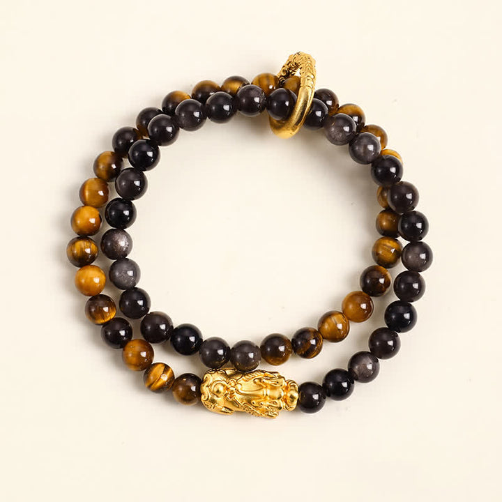 Buddha Stones Bracciale di buon auspicio Pi Xiu a doppio giro in ossidiana occhio di tigre con lucentezza argentata e Pi Xiu. - Occhio di tigre Oro Pi Xiu - image 2