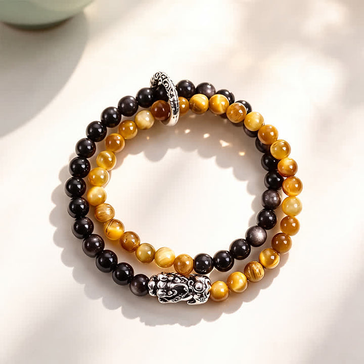 Buddha Stones Bracciale di buon auspicio Pi Xiu a doppio giro in ossidiana occhio di tigre con lucentezza argentata e Pi Xiu. - Occhio di tigre giallo Pi Xiu argentato - image 3