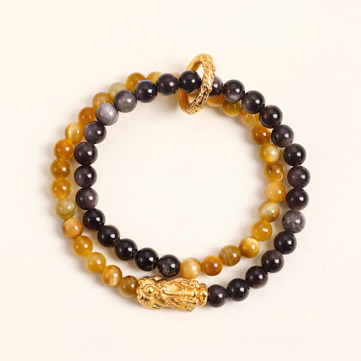 Buddha Stones Bracciale di buon auspicio Pi Xiu a doppio giro in ossidiana occhio di tigre con lucentezza argentata e Pi Xiu. - image 1